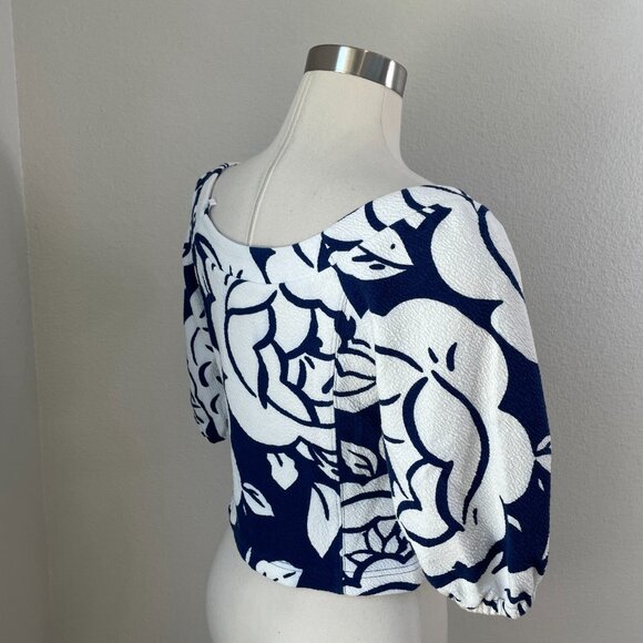 Maeve Anthropologie Womens Small Blue Motif Button Up Crop Top Shirt - Picture 6 of 13